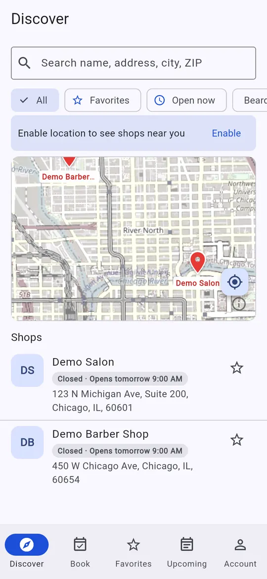 Discover screen with a map and a list of nearby shops