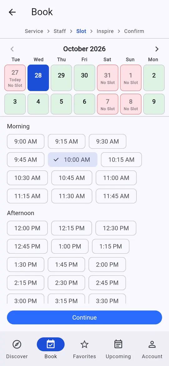 Two-week calendar with open time slots