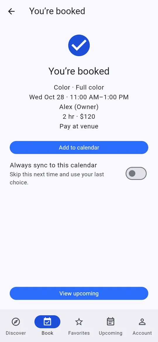 Booking confirmed, with an Add to calendar button