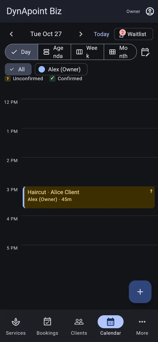 Owner calendar day view in dark theme