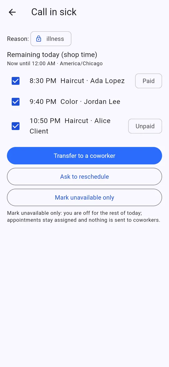 Call in sick screen to transfer today's bookings to a co-worker